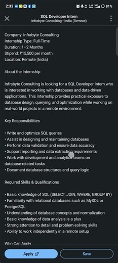 SQL Developer Internship 🔥 ₹15.5K Stipend | Freshers Apply Remote