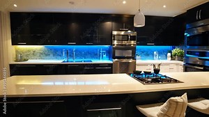 This contemporary kitchen features black cabinetry and blue LED lighting, emphasizing a stylish aesthetic with modern appliances and a spacious countertop for meal preparation