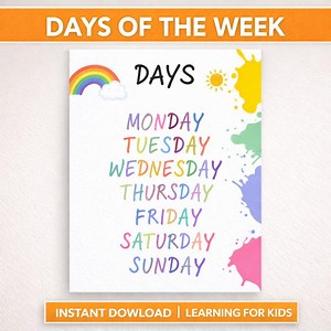 Days of the Week Poster Printable, Kids Learning Chart, Preschool Educational Wall Art, Nursery Decor, Classroom Printable - Etsy