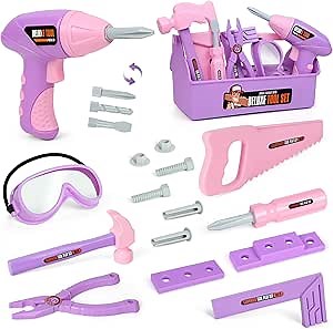 Kids Tool Set - Tool Box & Electronic Toy Drill, Pretend Play Kids Construction Tool Kit,18 Pcs Toddler Tool Set Birthday, for Boys, and Girls Ages 3 4 5 6 7 Year Old(Purple)