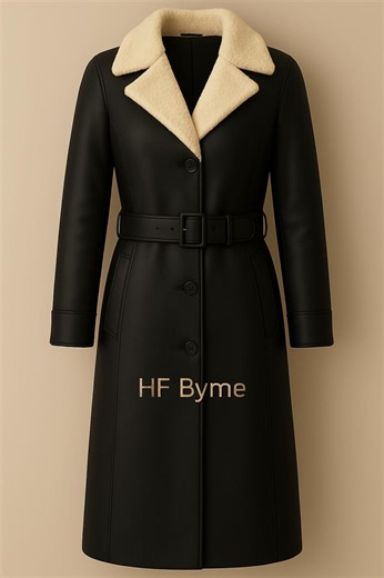 Black Lambskin Leather Trench Coat | Cream Shearling Collar, Handmade - Etsy