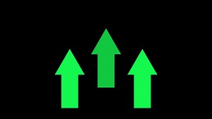 Animation of three green arrows pointing upwards on a transparent background. Perfect for representing growth, progress or positive trends in presentations and digital media.