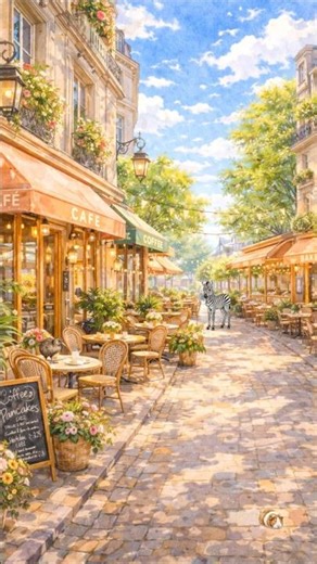 Charming cafe street scene with a kiwi, a zebra, and a guinea pig #cute #kiwi #zebra #guineapig