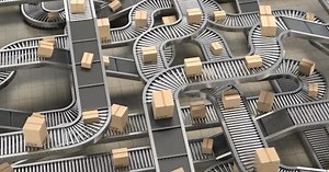 Cardboard boxes on conveyor belts in warehouse. Storage and delivery concept. 3d animation