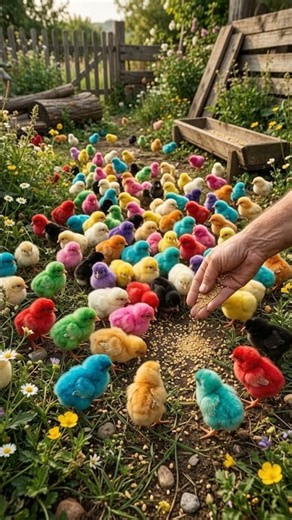 🇪🇸 🐥❤️💙💚 ¡Mira 100 Pollitos de Colores Corriendo a Comer! #animalestiernos #nature #pollitos