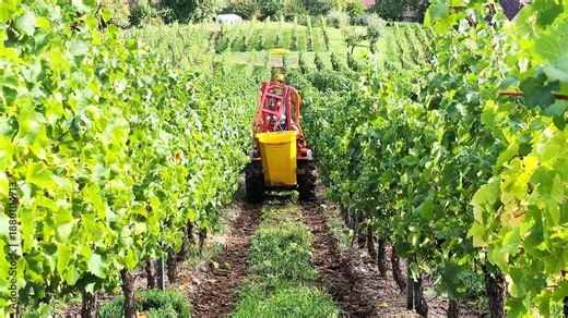 Tractor loaded with fresh grape between vines goes down the hill during harvesting period in Alsace, France.