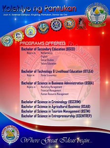 KOLEHIYO NG PANTUKAN offers the following Programs: 1. Bachelor of Secondary Education (BSED) Majors in: -Mathematics -English -Values Education -Social Studies 2. Bachelor of Technology & Livelihood Education (BTLEd) Major in Home Economics 3. Bachelor of Science in Business Administration (BSBA) Majors in: -Marketing Management -Financial Management -Human Resource Management 4. Bachelor of Science in Criminology (BSCRIM) 5. Bachelor of Science in Agribusiness (BSAB) 6. Bachelor of Science in 