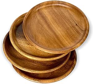 Set of 4 – 8 Inch Round Acacia Wood Appetizer Plates – Solid Hardwood Wooden Salad Dessert Bread Plates for Serving Meals – Natural Wood Grain Dinnerware