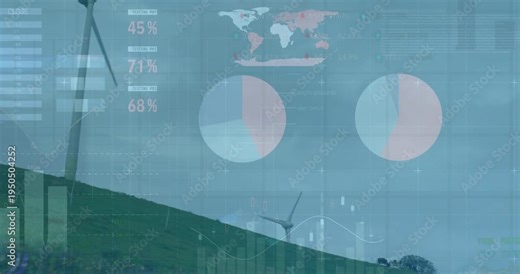 Data feed arriving, camera panning to turbine while HUD updating pie charts tracking energy output