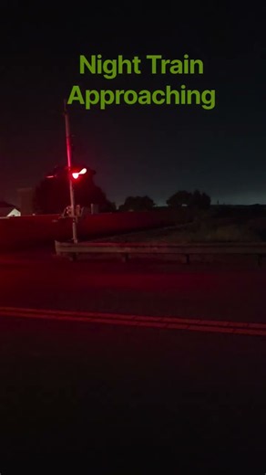 Nighttime Train Approach — Gate Down & Horn Echoing