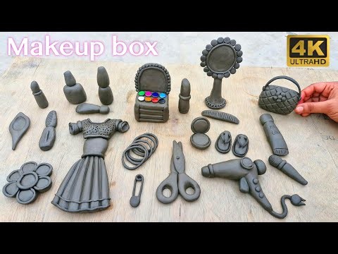 DIY how to make polymer clay miniature makeup set with clay dress,makeup kit,shoes,bag/ handmade art