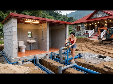 TIMELAPSE – Installing Plumbing and Sink to Complete the Bathroom | Excavator Levels Land, Digs Pond