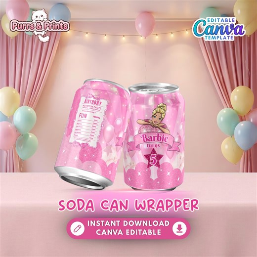 Pink Fashion Doll Printable | Doll Soda Can Labels | Glam Pink Soda Pop Wraps | Pink Birthday Party Decor | Soda Pop Can | BPD3 - Etsy