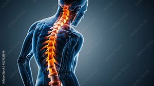 Xray and 3d Spinal pain and human back anatomy Man puts his hands behind his back with pain in his spine. seamless overlay 4k virtual video animation background