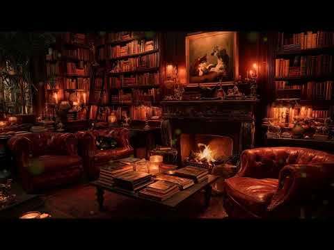 Relaxing Cozy Library Fireplace Ambience with Gentle Fire Sounds for Calm Nights