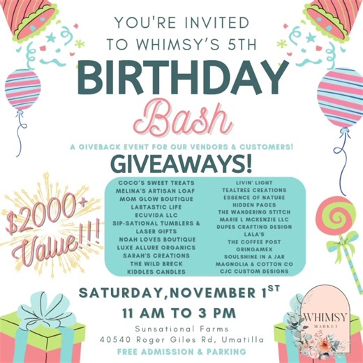 🎉✨ It’s PARTY time, Whimsy Fam! ✨🎉 Join us THIS SATURDAY for Whimsy’s 5th Birthday Bash — our biggest celebration yet! 🥳 🎁 Over $2000 in giveaways from our amazing vendors 🛍️ Shop your favorite small businesses 🎶 Enjoy the fun, food, and festivities at Sunsational Farms 📅 Saturday, November 1st 🕚 11 AM – 3 PM 📍 40540 Roger Giles Rd, Umatilla 💖 FREE admission & parking! https://fb.me/e/3gputbZKe?mibextid=wwXIfr Come celebrate 5 whimsical years of markets, memories, and community love! �