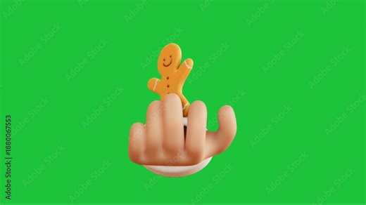 Cute gingerbread man standing on human hand, 3D cartoon animation on green screen, festive holiday character loop