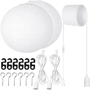 Rossesay 2 Sets Jumbo Paper Lanterns with Lamp Cord Cable White Hanging Paper Lanterns Chinese Japanese Pendant Hanging Lamp for Birthday Wedding Bridal Anniversary Party Decoration (Round,16 Inch)
