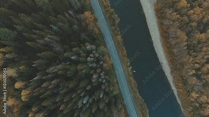 Aerial of nature. The camera moves in a circle. River parallel to the road. tree crown. Coniferous forest on the side of the road. The scenic road. Uninhabited area. Appeasement. Symmetry in nature.