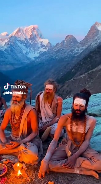 Hindu ascetics performing a fire ritual in the Himalayas, 600 AD, sitting in meditation as the sun rises. #hindu #indian #meditation #fyp #viral