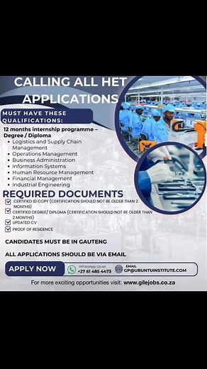 Ubuntu Institute’s HET Internship Programme for 2025 / 2026 is for graduates with a Diploma / Degree in;-🎓 Logistics🎓 Supply Chain Management🎓 Operations Management🎓 Business Administration🎓 Information Systems🎓 Human Resource Management🎓 Financial Management🎓 Industrial EngineeringDon’t miss out! The application deadline is not specified | Thina Ndavha