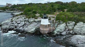 Newport Harbor Light, Goat Island Light. Newport, Rhode Island, United States, in Narragansett Bay. Aerial orbit.