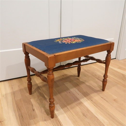 Vintage Needlepoint Bench, Floral Blue Wood Piano Vanity Seat, Mid Century Ottoman - Etsy