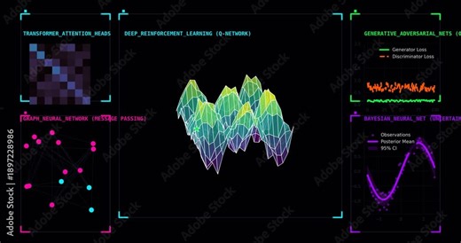 Advanced AI Algorithms Suite Visualization Showing Transformer Attention, Deep Reinforcement Learning, Generative Adversarial Networks, Graph Neural Networks and Bayesian Uncertainty Analysis