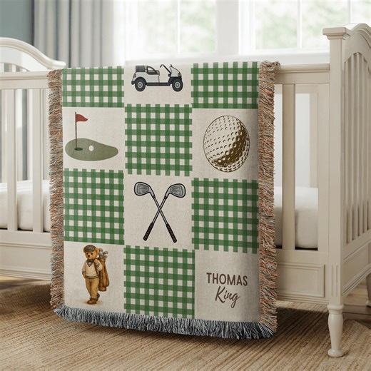 Personalized Golf Baby Blanket With Name, Green Plaid Nursery Decor, Custom Newborn Throw, Baby Shower Gift Woven Fringe Keepsake Golfer Boy - Etsy