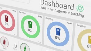 Waste and recycling, waste management tracking, dashboard with graphs and statistics, close-up view of a computer monitor, software template, fictional data (3d render)