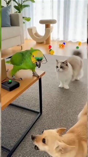 A clever green Amazon parrot secretly prepares a funny prank on a table. #viral #shorts #funnyanimal
