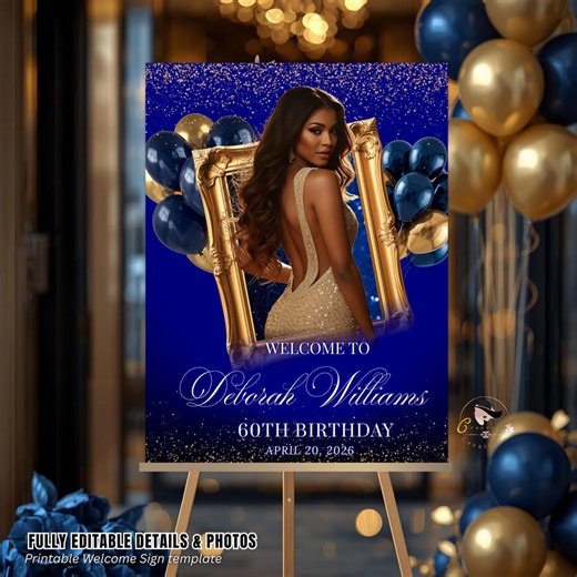Blue Gold Retirement Party Welcome Sign, Birthday Sign With Photo, Elegant Woman Dinner Entry Sign, Graduation Poster Sign Board Template - Etsy