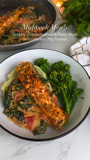 Mediterranean Diet Plan 🇺🇸 on Instagram: "Tuscan Salmon with Pesto Mash & Tenderstem Broccoli Creamy Tuscan style salmon with cherry tomatoes & baby spinach in a lighter cream sauce. Finished with fresh basil. Credit: @slimming.gym.and.gin Ingredients ⬇️ Serves 2 - For the salmon: 2x Salmon Fillets (240g Total) 1 Teaspoon Paprika 1 Teaspoon Garlic Powder 1 Teaspoon Oregano, Dried 1 Teaspoon Parsley, Dried 2x Garlic Cloves, Minced 10x Cherry Tomato, Halved 100g Baby Spinach 80ml Elmlea Single L