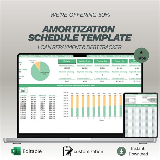 Loan Amortization Schedule Spreadsheet | Mortgage Payment Calculator & Debt Repayment Tracker | Monthly Interest Breakdown for Excel - Etsy
