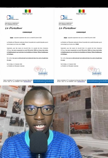 COMMUNIQUE Objet : supposée suspension des cours ce mardi 20 janvier 2026 Le Ministère de l'Éducation nationale informe l'ensemble de la société éducative que le communiqué qui circule est un FAUX. Cependant, pour des raisons de sécurité liées à la parade des lions champions d'Afrique, les cours vaqueront ce mardi 20 janvier 2026 au niveau des écoles et établissements qui sont dans les Académies de Dakar, Pikine Guédiawaye et Rufisque. Par contre, les cours se dérouleront normalement dans les au