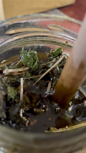Making a fresh batch of my “Aches & Pain Salve” Comfrey ~ Bone & Arthritis pain Arnica ~ Inflammation, swelling, bruising, & post surgery healing Dandelion Root ~ Pain & Inflammation Wild Lettuce potent tar extract ~ PAIN PAIN PAIN management Frankincense ~ Cell regeneration & nerve damage Nutmeg ~ Circulation (bringing blood to an area may help heal it) Ginger ~ Pain, Inflammation, & a warming feeling Cypress ~ Circulation Lemongrass ~ Circulation Peppermint ~ Helps to drive in all of the other