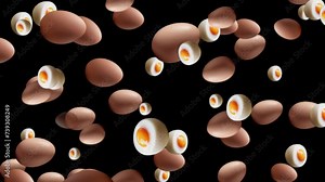Slow Motion Of Fresh Brown Egg Falling On Black Background.3d Chicken Eggs Falling Animation Over Black Background. Animation Of Lots Of Brown And And Half Boil Egg Falling And Moving On The Dark Scr