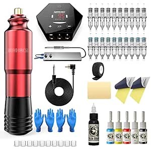 Tattoo Kit,Wormhole Complete Tattoo Pen Kit Rotary Tattoo Gun for Beginners Tattoo Power Supply Tattoo Ink Tattoo Cartridge Needles TK203