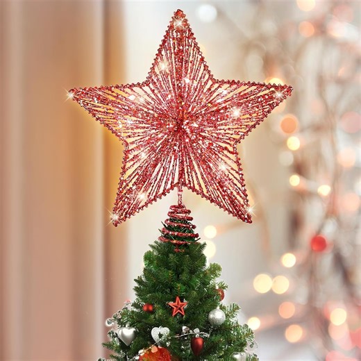 Luxspire Christmas Tree Star Topper, LED Glitter Metal 3D Christmas Decorations Lights, Remote & USB Operated Star Treetop for Home Party, 6H Timer & 8 Lighting Modes, Red