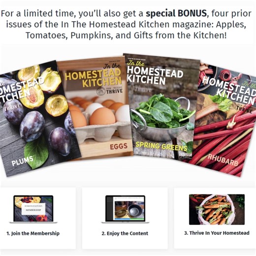 Learn how to make the most out of simple, seasonal produce in your own kitchen with the digital In the Homestead Kitchen magazine. With monthly inspiration on growing, cooking and preserving, you’ll be filling your table and your pantry with delicious, new, homestead goodness every month while learning preserving techniques and traditional cooking skills. | Homesteading Family