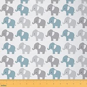 Cute Elephant Upholstery Fabric by The Yard, Cartoon Zoo Animal Reupholstery Fabric for Chairs, Kids Boys Room Decorative Fabric for Outdoor and Home DIY Projects, 1 Yard, Blue Gray