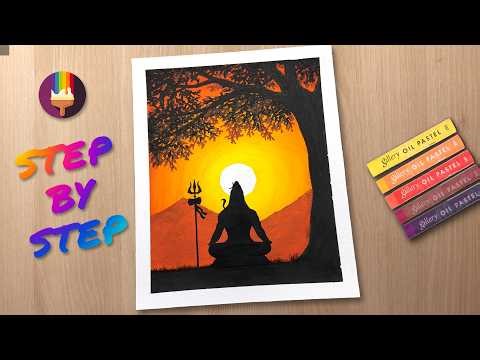 How to Draw Lord Shiva with Oil Pastels | Sunset Mountain Scenery Step by Step