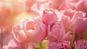 Beautiful blooming pink tulip flowers in close-up view with soft lighting creating a dreamy spring atmosphere, dynamic motion, wallpaper, background for intro Stock Video