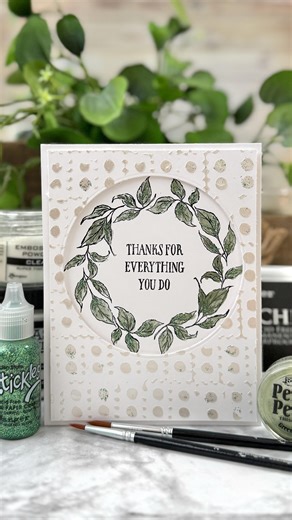 Ranger Ink (Official) on Instagram: "@jenni_papercraft created this elegant thank-you card that truly says it all ✨ She used a mix of Ranger favorites — from shimmery Perfect Pearls to a touch of Stickles sparkle — for a design that’s simple, sweet, and full of heart. 💌 Supplies: Simon Hurley Create. Stamp Set: Everyday Wreaths Dina Wakely: Media Stencil: Stacked Wendy Vecchi: MAKE ART Stay-tion Tim Holtz: Distress White Heavystock Ranger Ink: -Stickles Glitter Glue: Verdigris -Perfect Pearls:
