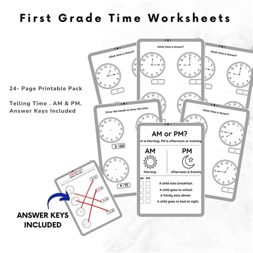 Telling Time Worksheets First Grade| AM PM Practice | Analog Clock Math | Printable Math Pack - Etsy