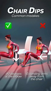 Chair dips - common mistakes . Follow @fitonomyapp for more 👈 . To make this exercise harder try it with long legs! If you are building confidence and strength with this exercise start with your knees bent. ✅ Form cues: - 90 degree bend at the elbow at the bottom of the movement - lower your body weight down vertically - push up through your palms to start - - #chairworkout #fitness #chair #type #homeworkout #fitnessmotivation #personaltrainer #chairs #homeworkouts #workout #dumbbellworkout #ch