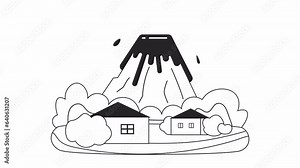 Lava natural disaster bw bw cartoon animation. Eruption volcano 4K video motion graphic. Lava flow exploding. Active volcano erupting 2D monochrome line animated scene isolated on white background