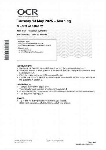OCR A LEVEL Geography Paper 1, 2 & 3 JUNE 2025 QUESTION PAPERS AND MARK SCHEMES