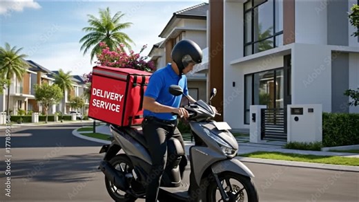 Courier on a motorcycle delivering a fresh flower bouquet in a red box to a house in a sunny suburban neighborhood