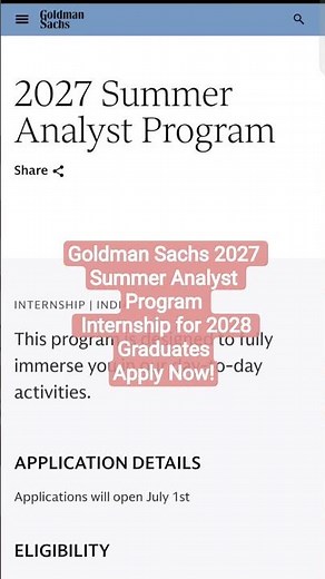 Goldman Sachs 2027 Summer Analyst Program | Internship for 2028 Graduates | Apply Now! 🚀